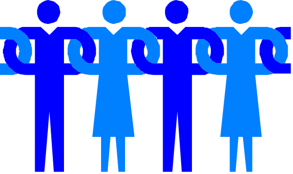 The image shows a group of five stylized stick figure characters standing side by side with their arms raised upwards as if in celebration or greeting; there is no background detail provided within this clip-art format, focusing on simplicity and minimalism.