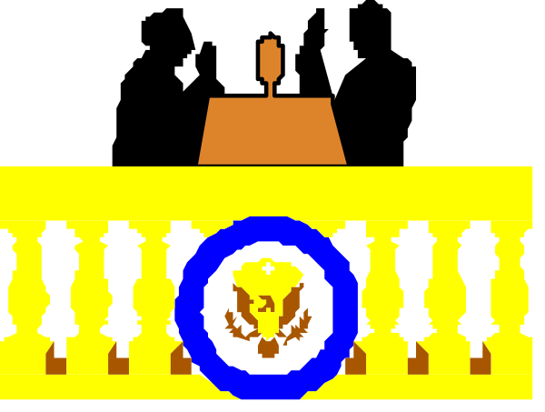The image shows a pixelated representation of an indoor scene with two podiums on either side featuring silhouettes that appear to be speakers at a conference; in front is a table displaying what seems like trophies, and there's text overlayed indicating "1st" for the leftmost speaker.