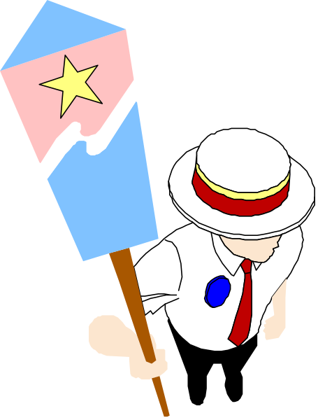 The image shows a cartoon character holding an American flag with stars on it while standing next to another person who is also carrying a similar banner but without any visible text.