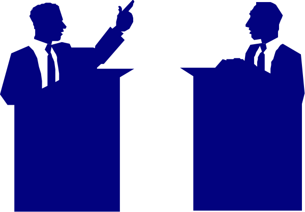 The image shows a black and white silhouette of three men standing at podiums with microphones on stage; two appear to be speaking while one is gesturing towards them from an elevated position in front, suggesting he might be moderating their discussion or presentation.
