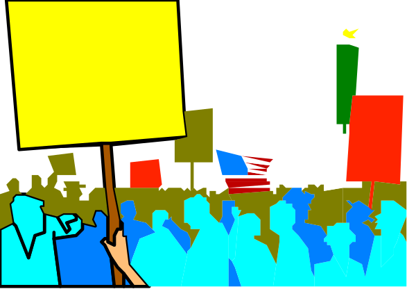 The image shows a pixelated scene of protestors holding signs with various messages; there is no text visible to provide details about their demands or slogans.