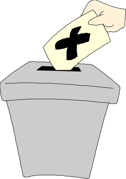 The illustration depicts a hand holding an envelope with a cross on it over a trash can labeled "VOTE."