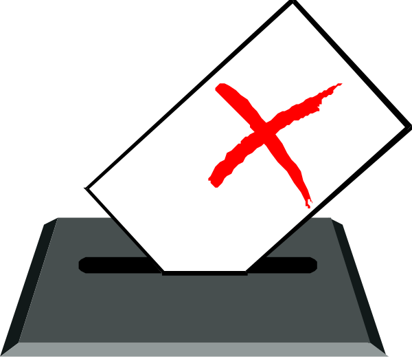 The image shows a black and white illustration of an electronic voting machine with two ballots inserted into it; on top is one marked "X" indicating that vote has been cast for option X in whatever election, while below it appears to be another blank ballot waiting its turn or perhaps the second choice.