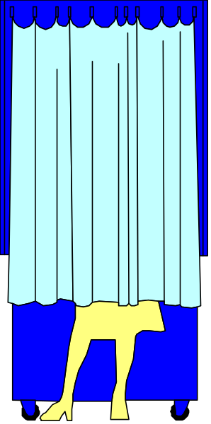 The image shows a cartoon of an elephant standing behind curtains with its trunk raised upwards as if it's looking out from inside them.