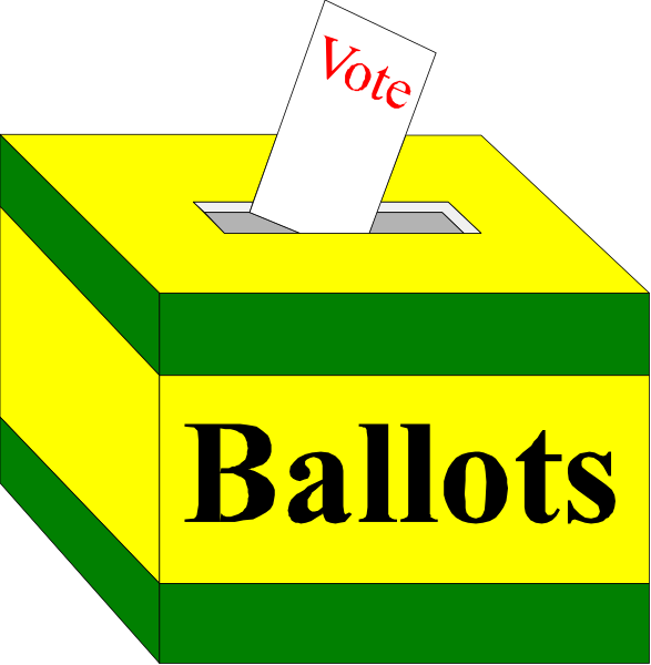 The image shows a yellow voting box with "Ballots" written on it next to two ballot boxes labeled as vote for Democrats and Republicans respectively.