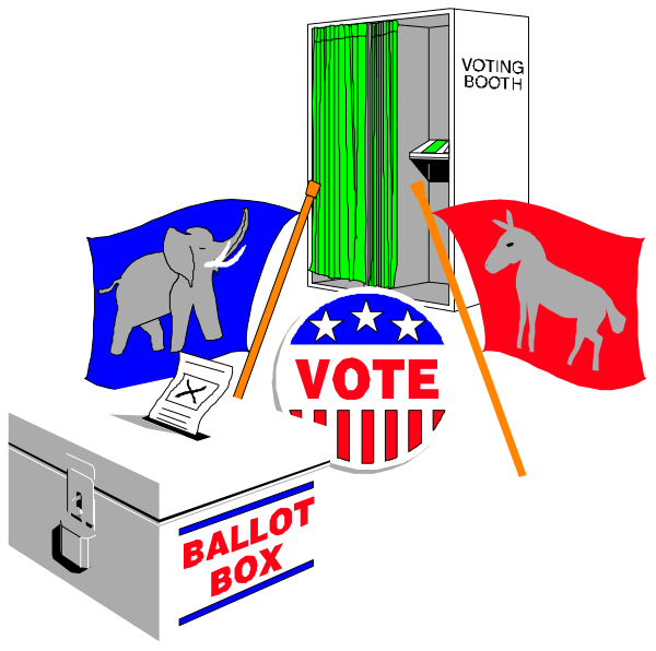 The image shows a collection of election campaign items including voting booths with ballot boxes labeled "VOTE" on top, banners featuring political party logos (Republican elephant for GOP), and an American flag-themed sign that says "Congressional Vote."