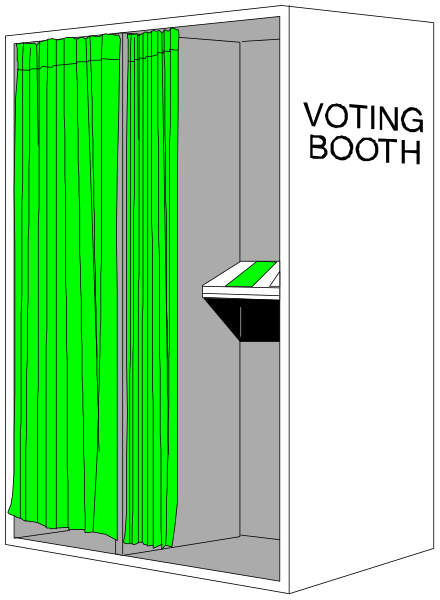 The image shows a voting booth with curtains drawn over it to provide privacy for voters inside.