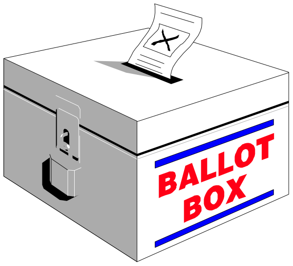 The illustration shows a white ballot box with red text that reads "VOTE" on it next to another identical one labeled as an open polling booth in black letters against a dark background.
