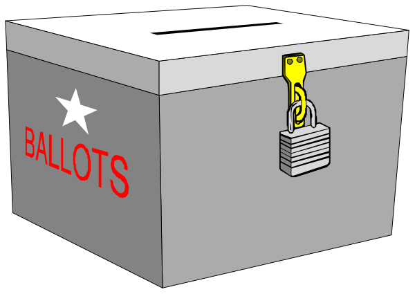 The cartoon shows a large box labeled "VOTE" with an open lid revealing ballots inside; next to it is another smaller box also marked "BALLOTS," but this one has been locked shut, indicating that voting in this area may be restricted or unavailable at the moment.