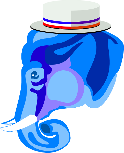 The image shows a cartoon elephant wearing a top hat with an American flag band around it on its head.