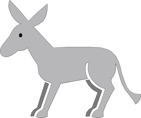 The image shows a black and white cartoon of an animated donkey standing next to a horse silhouette on what appears to be a roadway with no background details provided in this description.
