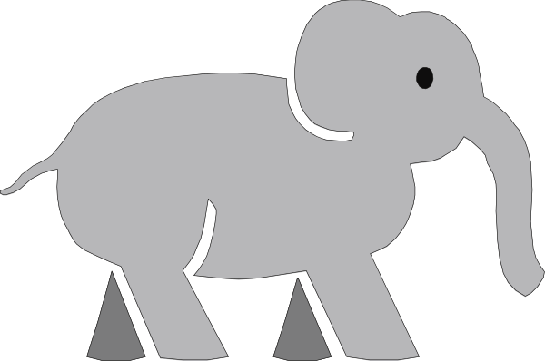 The black and white silhouette of an elephant standing on a platform with two wheels at each end is shown against a dark background in this small clip-art image.