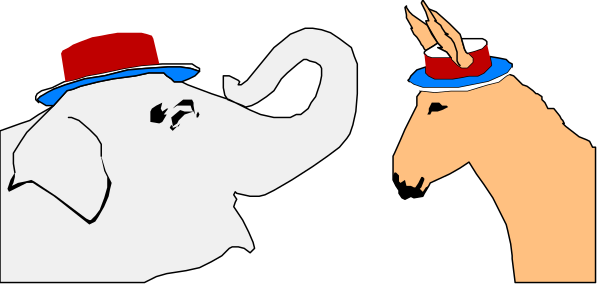 The cartoon shows two elephants standing next to each other with a donkey between them; all three characters appear anthropomorphic wearing hats resembling those of circus performers in front of what looks like an iron gate, possibly indicating their enclosure or performance area within the context of this image.