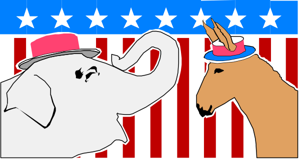 The image shows a cartoon of two elephants standing next to each other with an American flag background; both have ears on their heads resembling human hands wearing hats that say "USA" in red, white and blue stripes.