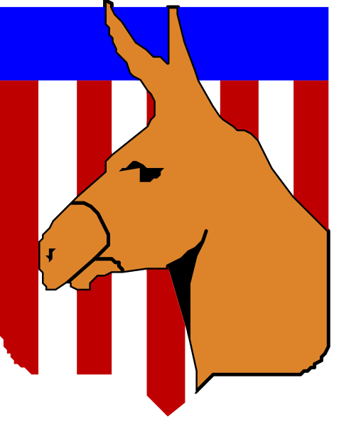 The image shows a donkey's head on an American flag background with a shield design above it featuring stars and stripes.