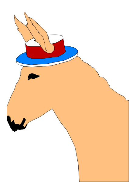 The image shows a cartoon donkey wearing an American flag hat with stars on it standing next to two vertical stripes that resemble the United States' national flag design.