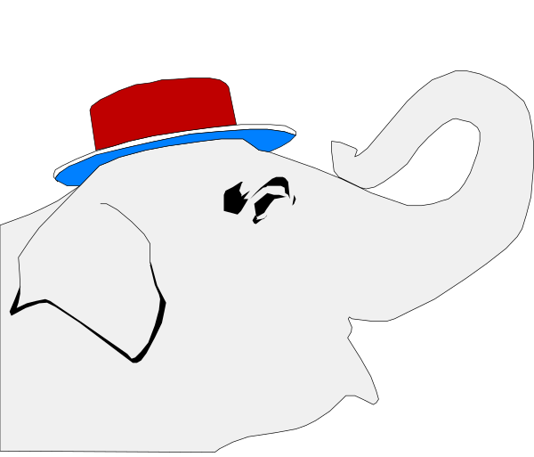 The image features a cartoon elephant wearing an American flag hat with stars on it against a black background; there is no text present in this clip-art version of the original artwork.