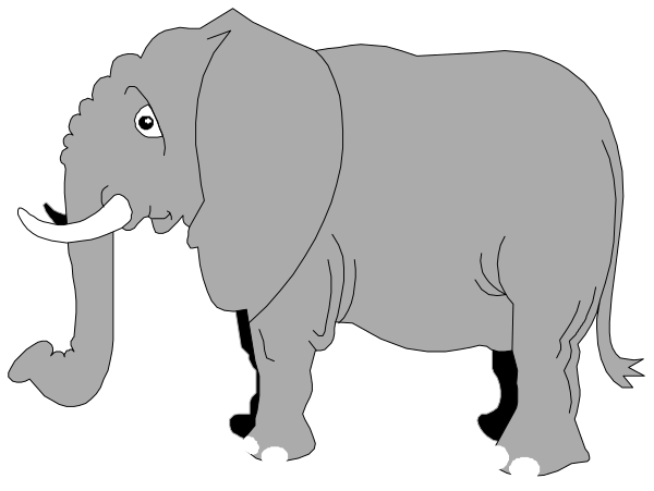 The black and white illustration shows an elephant standing on a dark background with its trunk extended forward as if reaching for something.