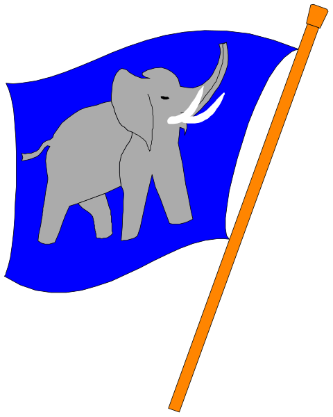 The image shows a flag with an elephant on it flying from a pole next to another similar blue flag that has no visible emblem.