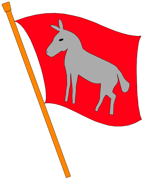 The image shows a flag with an animal silhouette on it attached to a pole that has another smaller red flag hanging from its top right corner.