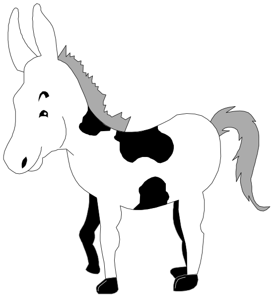 The black and white silhouette of a donkey standing next to an outline of its head on top of it.