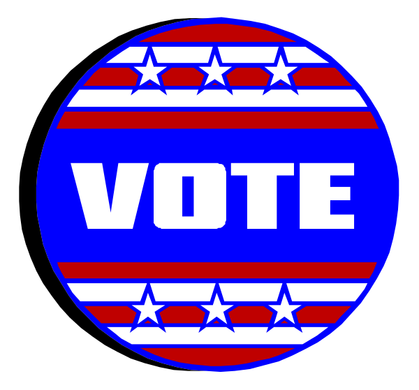 The image shows a circular sticker with an American flag design at its center featuring stars on top of stripes. On this background is text that reads "VOTE" in large white letters surrounding the edges, and within it there's another word "TOWN," also written in smaller red font inside two concentric circles resembling a target or bullseye pattern with alternating blue lines between them. The sticker has an overall patriotic theme associated with American elections.