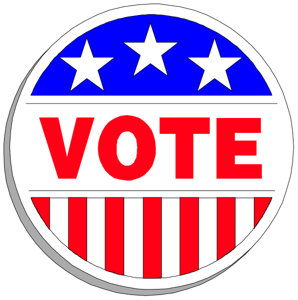 The image shows two circular stickers with a vote button on top of each other against different backgrounds: blue for "Vote" in one case and red for "Election Day."