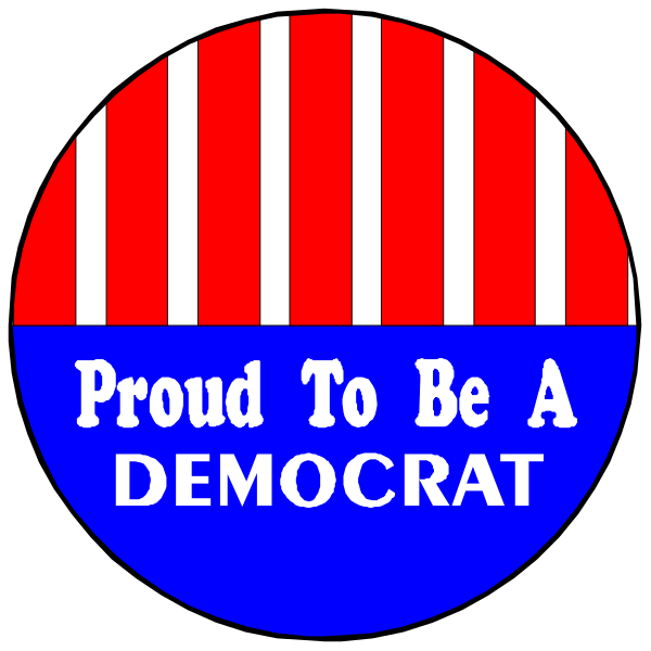 The image shows a political button with an American flag design on it featuring two circular stickers that say "Proud to be Democrat" in white text against blue backgrounds at top left and bottom right corners of each circle, respectively.