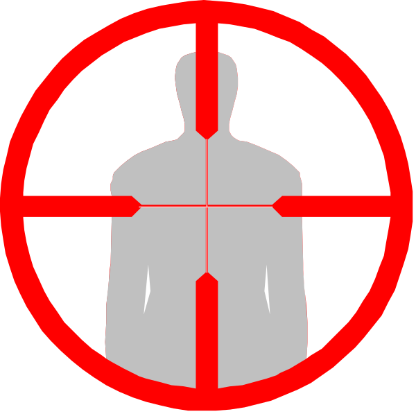 The image shows a target with two crosshairs overlaid on it; within each circle is an icon of a person's silhouette holding guns in their hands pointing at different directions: one to the left and another straight ahead, suggesting aiming or shooting targets from those angles.
