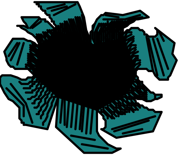 The image shows a black background with various geometric shapes that resemble broken glass pieces scattered across it.
