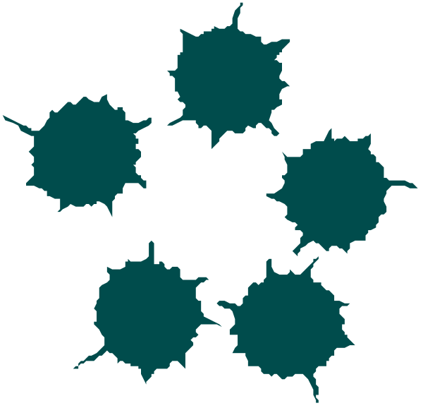 The image shows a collection of six dark green circular shapes with lighter centers against a black background.