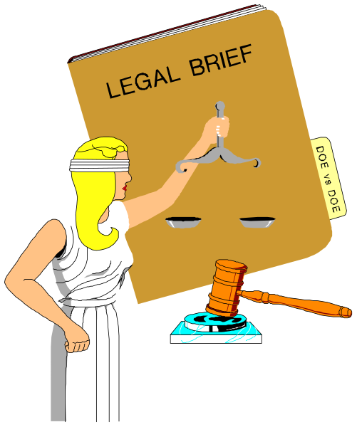 The illustration shows a woman dressed as Athena holding an open book with "LEGAL BRIEF" written on it while standing next to a gavel labeled "DO NOT USE."