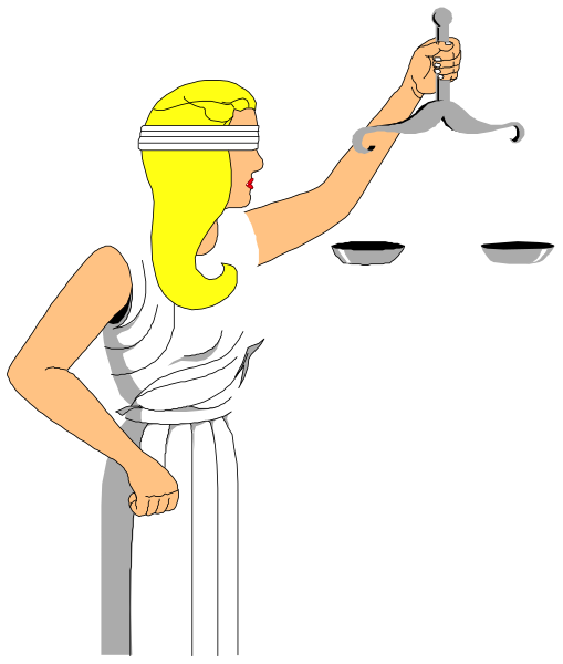 The cartoon depicts a woman dressed as Lady Justice holding scales of justice with her right hand while pointing to them with her left index finger. She is wearing an ancient Greek-style dress and has blonde hair, standing against a black background that resembles night or darkness.