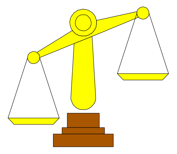The black and white illustration shows a statue of an athlete on top of a pedestal with scales below it against a dark background.