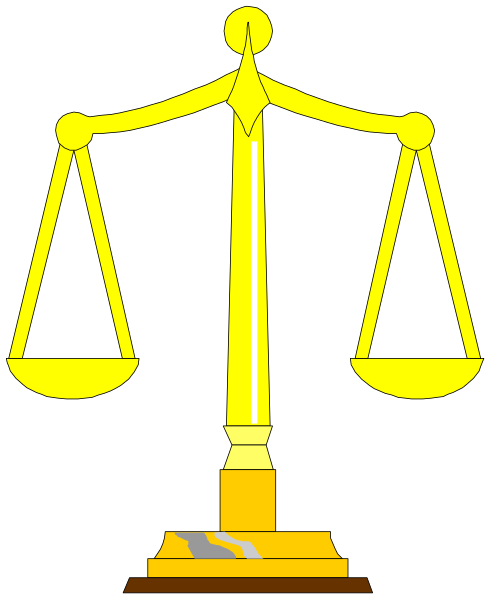 The image shows a black and white illustration of a golden scale with two pans on it against a dark background.