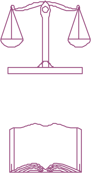 The image shows a black and white illustration of three icons: on top is an icon depicting scales with two weights; in the middle there's an open book symbolizing knowledge or law; at bottom, it features what appears to be a barred window representing imprisonment or confinement. These symbols are often associated with themes like justice and freedom within legal contexts.