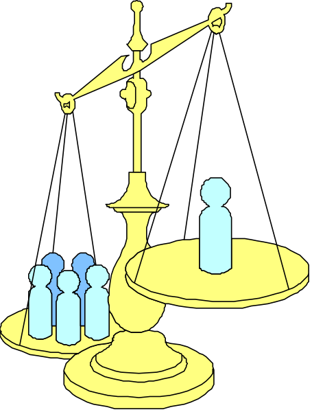 The image shows a cartoon of an old fashioned weighing scale with two trays on it; each tray has three figures standing in them: one is blue, another green, and third red. Above this balance beam hangs a golden compass rose pointing to true north.