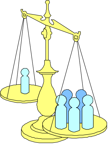The illustration shows a scale with two pans on it; each pan contains figures that appear to be humanoid shapes in blue coloring against white backgrounds within their respective sections of the balance beam. On top, there is an object resembling a golden statue or trophy placed at one end and what seems like weights hanging from its arms. The scale has two vertical poles with horizontal crossbars supporting it; these are connected by chains to form the structure that holds up the weighted ends of each pan.