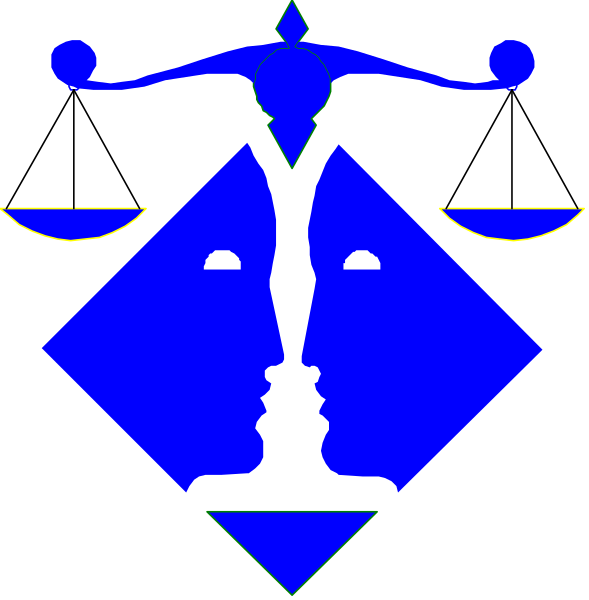 The image shows a blue diamond with two faces facing each other at its center against a black background.