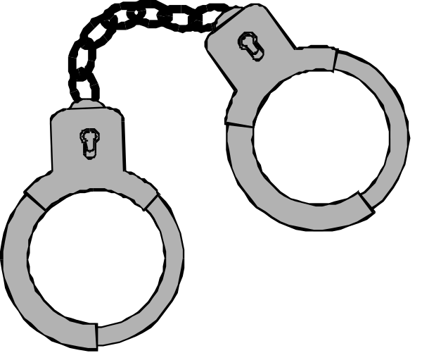 The black and white illustration shows four handcuffs of varying sizes placed next to each other on a dark background.