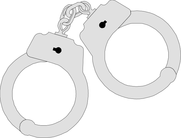 The black and white silhouette of three handcuffs with a key between them on top.