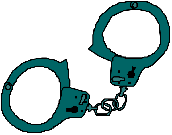 The image shows a black background with four handcuffs arranged vertically against it; each cuff has an icon inside representing different types of crime: theft (a pair of scissors), arson (fire symbol), burglary (lock and key) and fraud or embezzlement (money bag).