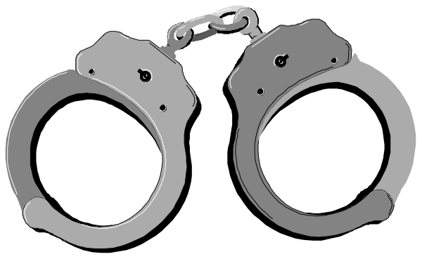 The image shows a set of three handcuffs with keys attached to them against a black background.