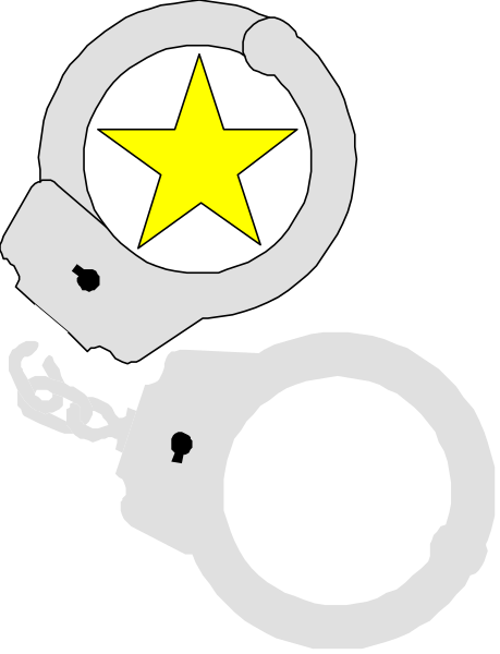 The image shows a handcuff with two keys hanging from it next to an illustrated badge that resembles a police officer's shield featuring a star inside of it.