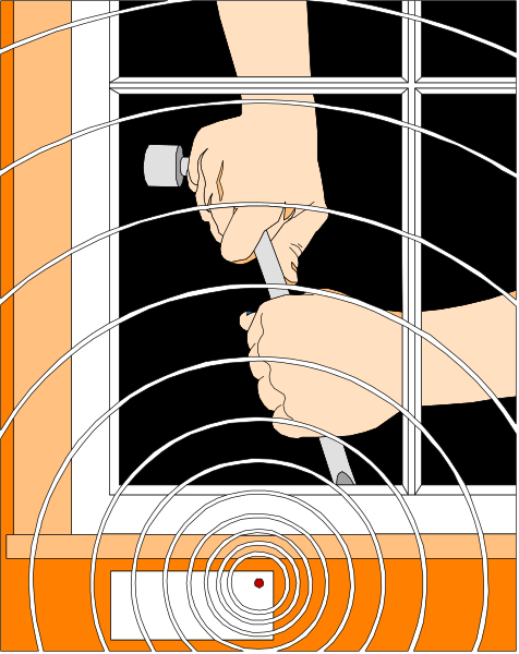 The illustration shows a person holding an object with two hands near their face while looking out of a window at nighttime; there is also a small circular pattern on top right corner that resembles sound waves, suggesting audio activity like music playing from inside to outside through the open window frame.