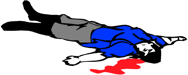 The image shows a black and white cartoon of an animated character lying on its back with limbs spread out as if it has been hit by something red that resembles blood splattering around them in various shades, suggesting violence; there is no text present within this small clip-art.
