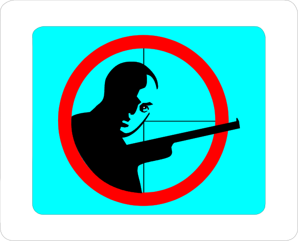 The image shows a graphic of an icon with a silhouette figure holding what appears to be a gun pointed at another person's head from behind; there is also a red circle overlaying this central imagery, indicating prohibition or restriction against it.