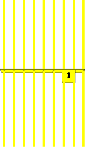 The image shows a black and white barred window with yellow lines indicating bars on it.