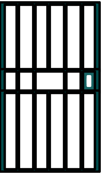The image shows a pixelated representation of an open door with bars on it against a gray background.