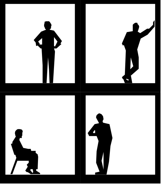 The black and white silhouette of a person standing on top of another sitting down with their arms crossed above them; below that is an image of two figures facing each other in conversation while one has hands clasped together, suggesting agreement or discussion; beneath this scene shows three people engaged in different activities: the first stands alone looking upwards and gesturing as if speaking to someone not visible; the second sits with their legs crossed over a chair armrest, appearing relaxed but attentive; below them is an image of two figures standing back-to-back facing opposite directions.